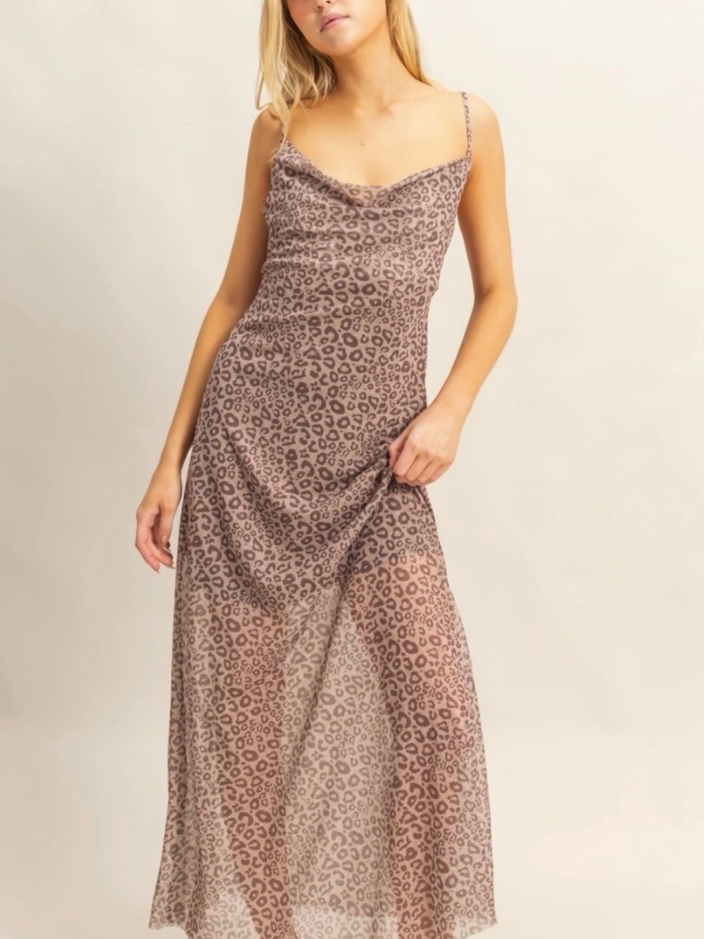 HYFVE Taupe Leopard Print Slip Maxi Dress